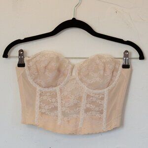 Vintage Strapless Beige Floral Lace Boned Stretchy Bustier Corset Bra Top 34C